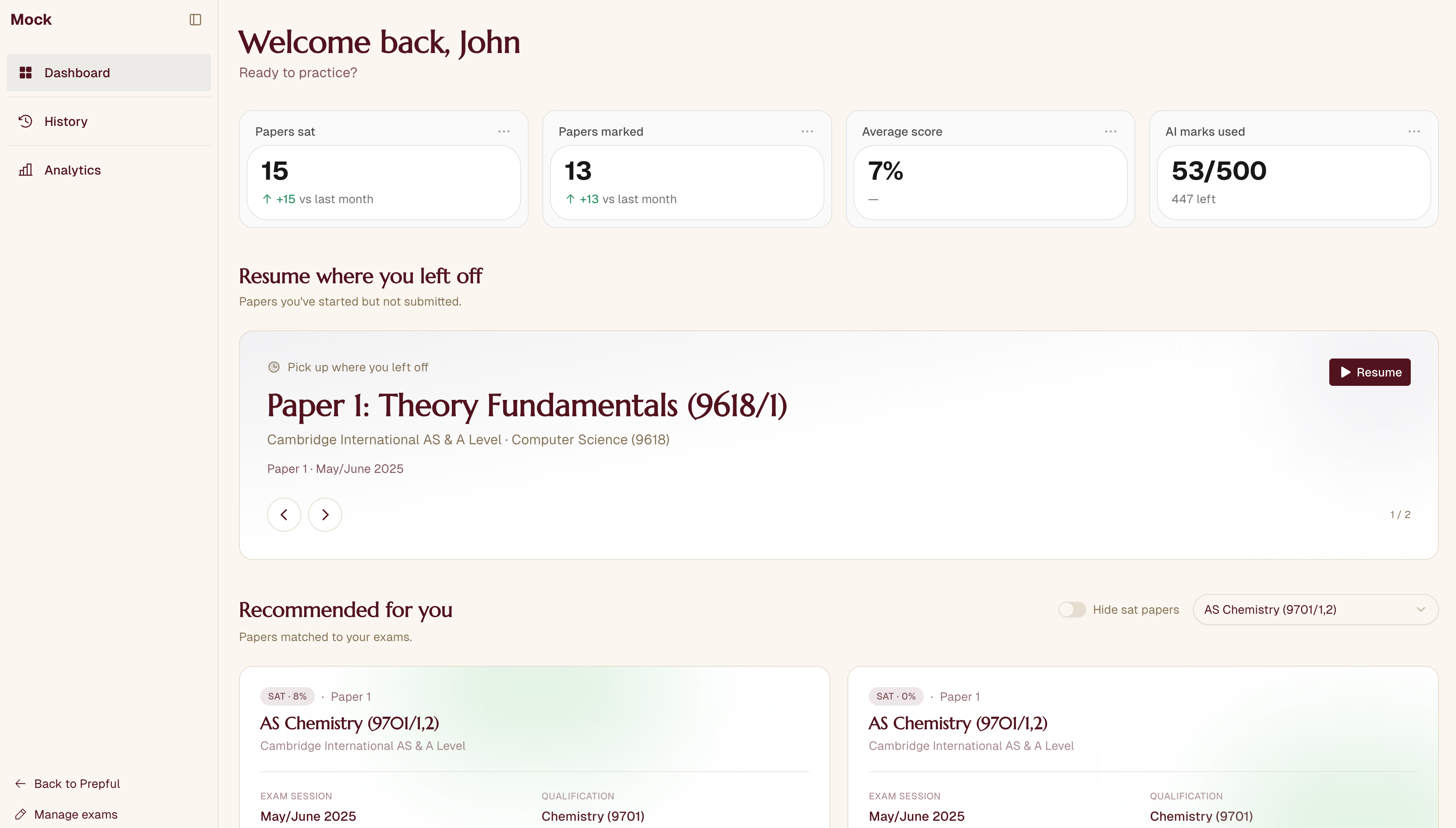 The Prepful dashboard — track papers, accuracy and progress